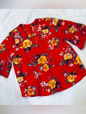 Kirious M Orange Floral Popover Bell Sleeve Top